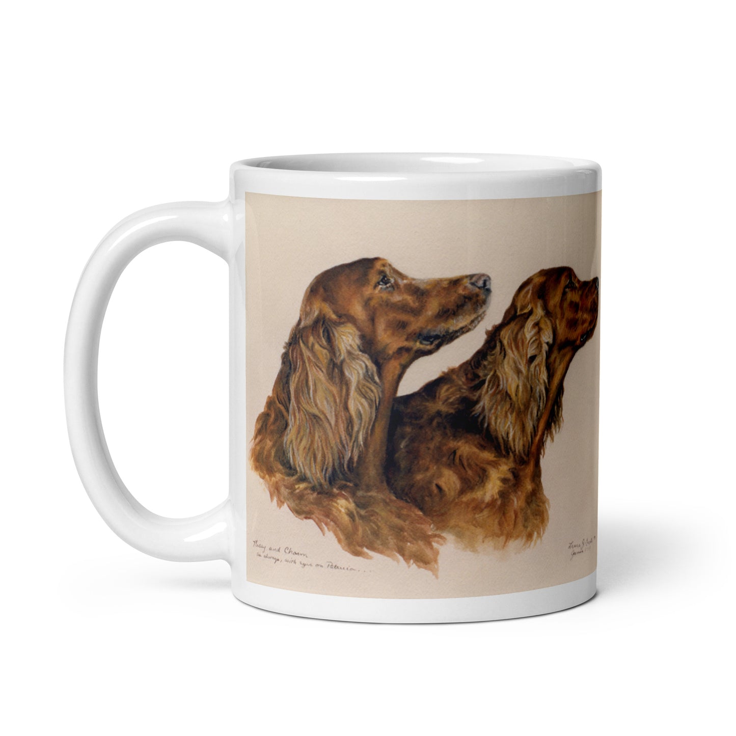 "Missy & Charm the Irish Setters" White glossy mug