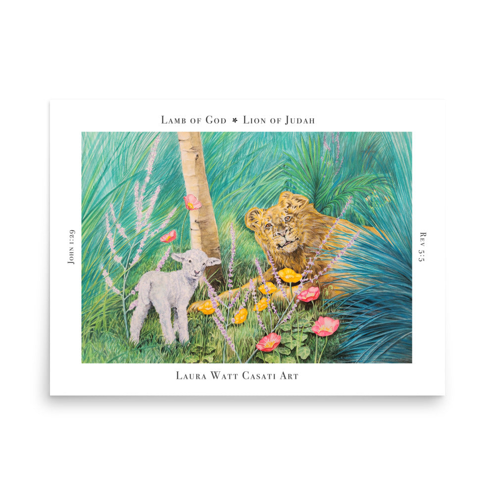 “Lamb of God, Lion of Judah” poster with a finely detailed lamb and lion in a field of vibrant flowers; border features religious motifs and artist’s name.